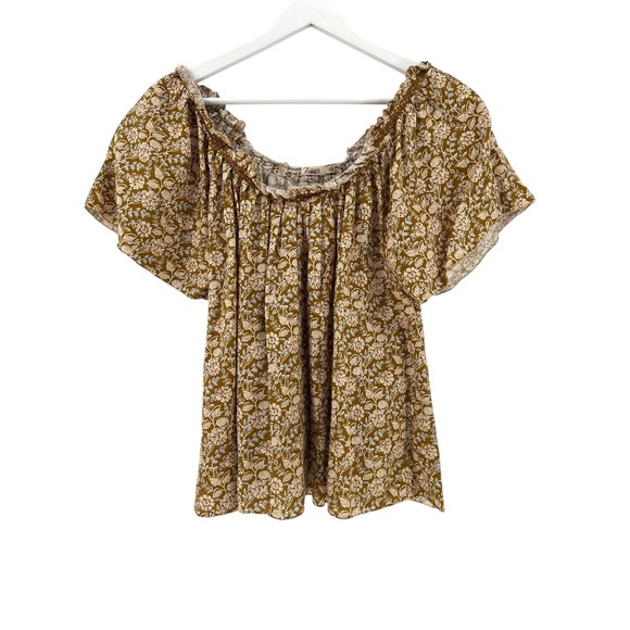 Faherty Blouse Womens Small Brown Floral Linen Blend Boho Peasant Ruffle Smocked - Picture 8 of 10